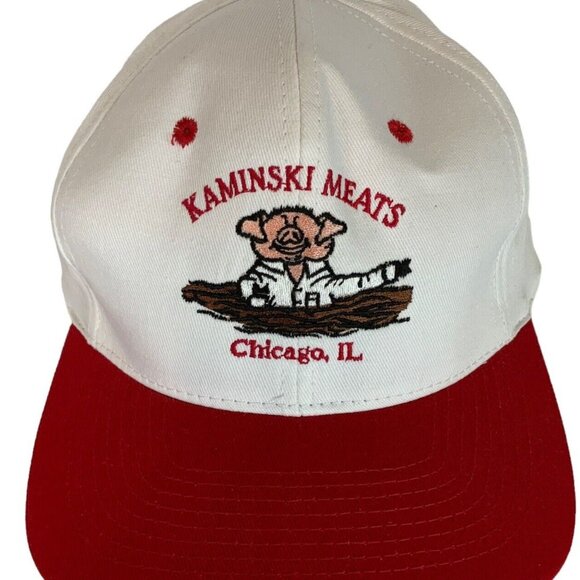 Kaminski Meats Chicago IL Embroidered Snapback Hat Pig Design White Red KC Caps - Picture 2 of 8